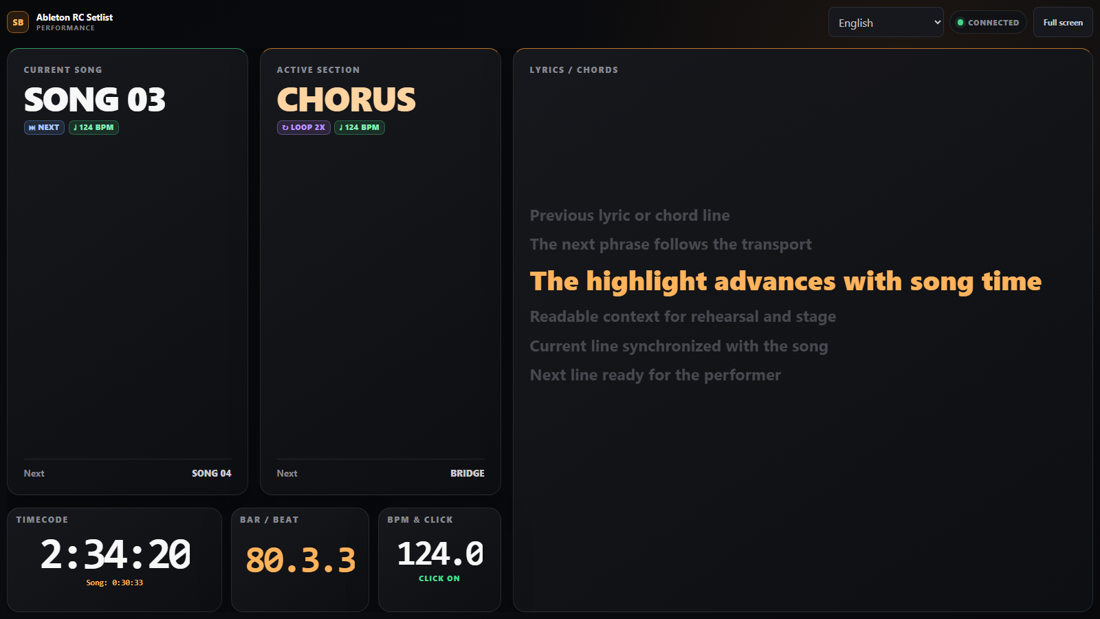 Performance interface showing current and next song, section, lyrics, timecode, bar, BPM and click
