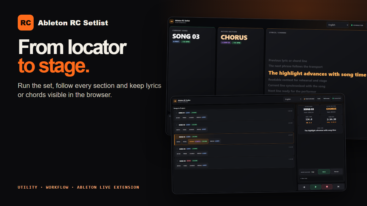 Product truth composition of the real Ableton RC Setlist Performance and Stage Control interfaces
