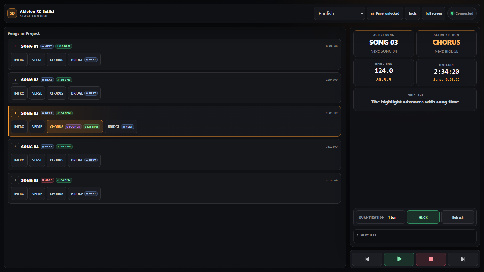Stage Control interface showing the setlist, section controls, show state and transport